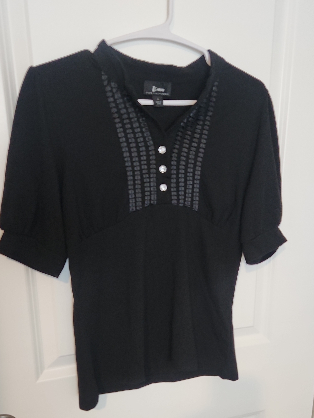 B Wear Black Short-Sleeve Top with Pintuck Trim Cute Buttons